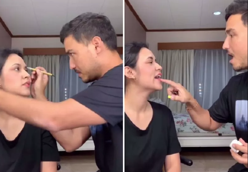 Raisa dan Hamish Daud mengisi waktu di rumah dengan makeup (Foto : @raisa6690/Instagram)