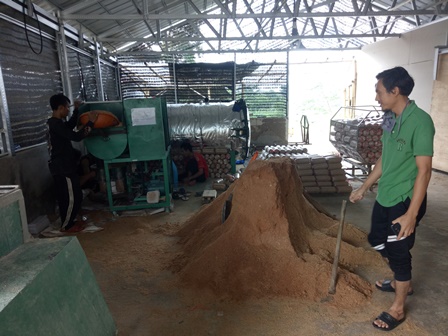 
Surya Lesamana salah seorang pembudidaya jamur tiram di daerah Cipeujeuh Sukamekar Sukaraja, Kabupaten Sukabumi, Jawa Barat, sedang memeriksa mengawasi pekerjanya. (Foto : Gumilar/dara.co.id) 
