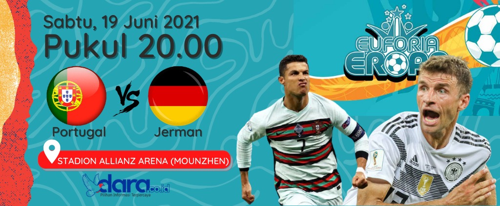 
Laga super bigmatch Piala Eropa 2020, Portugal vs Jerman di Allianz Arena, Munich, Sabtu (19/6/2021), mulai  pukul 23.00 WIB. (Desaingrafis : dara.co.id)
