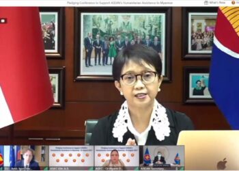 Menlu RI Retno LP Marsudi dalam Pledging Conference to Support ASEAN’s Humanitarian Assistance to Myanmar, Sabtu (18/09/2021) (Foto: Humas Kemlu)