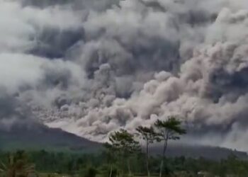Terjadi erupsi Gunung Semeru yang terletak di Kabupaten Malang dan Kabupaten Lumajang, Jawa Timur, Sabtu (4/12/2021).(Foto: merdeka.com)