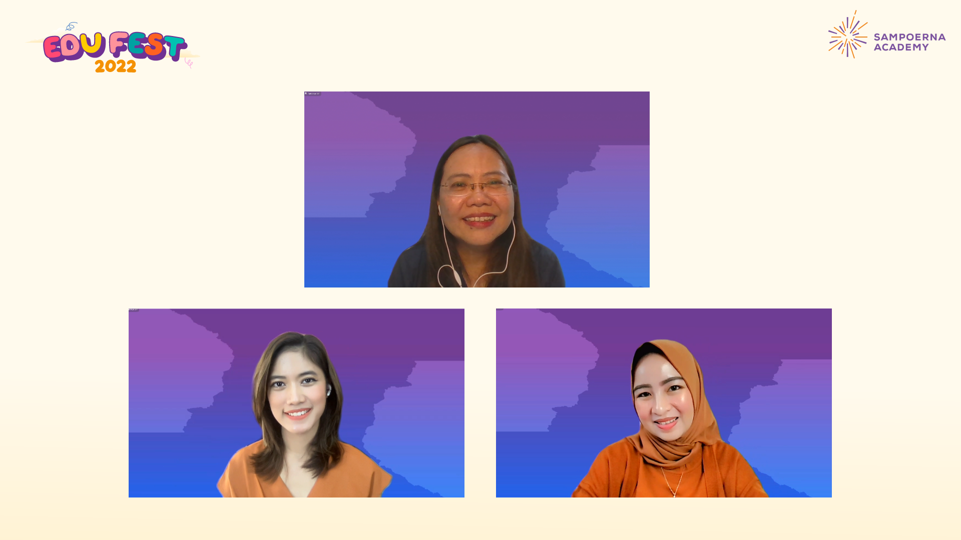 (Dari atas searah jarum jam) Ms. Frida Dwiyanti Principal of Sampoerna Academy Sentul,
Mona Atmy orang tua dari model cilik Emma Syakira Jasmine (murid Sampoerna Academy
Sentul), Sashkya Aulia Prima Psikolog dari Tigagenerasi, dalam Webinar How to Raise a
Child Star pada Sampoerna Academy EduFest 2022 (Foto: Istimewa)