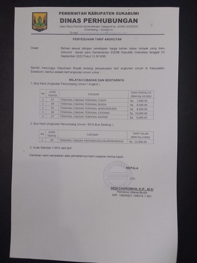 Dinas Perhubungan Kabupaten Sukabumi, akhirnya mengeluarkan  penyesuaian tarif angkutan Kota (angkot) atau angkutan umum di Kabupaten Sukabumi setelah Pemerintah resmi mengumumkan kenaikan harga bahan bakar minyak (BBM) pada sabtu(3/9/2022) lalu.(Foto: dian/dara.co.id)