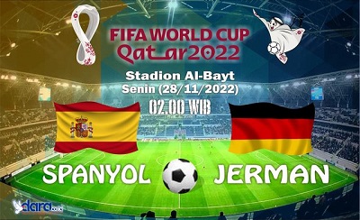 Duel seru terjadi di matchday kedua Grup E Piala Dunia 2022. Dua kandidat juara Spanyol dan Jerman akan berlangsung di Al Bayt Stadium, Senin (28/11) dini hari WIB. (Foto/Desain : miga/dara.co.id)

