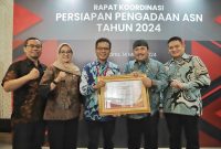 
Bupati Bandung, Dadang Supriatna berfoto bersama dengan Kepala DKSDM, Akhmad Johara  dan pera Kepala Bidang usai menerima penghargaan dari Menteri PAN-RB, Abdullah Azwar Anas, di Hotel Bidakara, Jakarta Selatan, Kamis (14/03/2023). (Foto: diskominfo)
