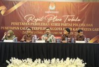 Rapat Pleno Penetapan Perolehan Kursi Partai Politik dan Penetapan Calon Terpilih Anggota DPRD Kabupaten Garut dalam Pemilihan Umum (Pemilu) tahun 2024, di Ballroom Fave Hotel Garut, Jalan Cimanuk, Kecamatan Tarogong Kidul, Kabupaten Garut, Jumat (14/6/2024)(Foto: Istimewa)