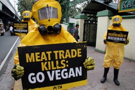 
Sekelompok relawan PETA yang mengenakan APD dan membawa poster bertuliskan, “Pasar Hewan: Kejam dan Mematikan,” akan berkumpul di depan Pasar Jatinegara pada Selasa (12/11/2024), sekitar pukul 12.00 WIB.(Foto: rilis/Ist)
